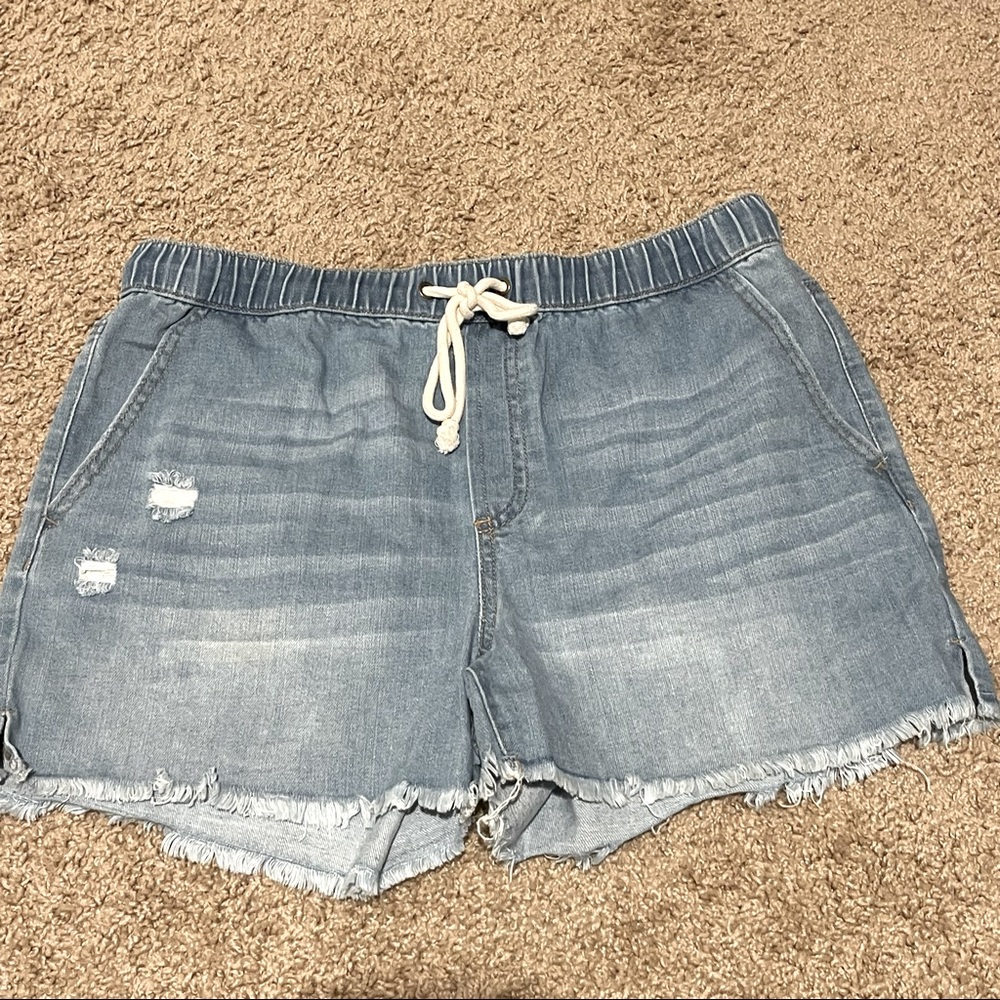 Denim pull on adjustable waist shorts